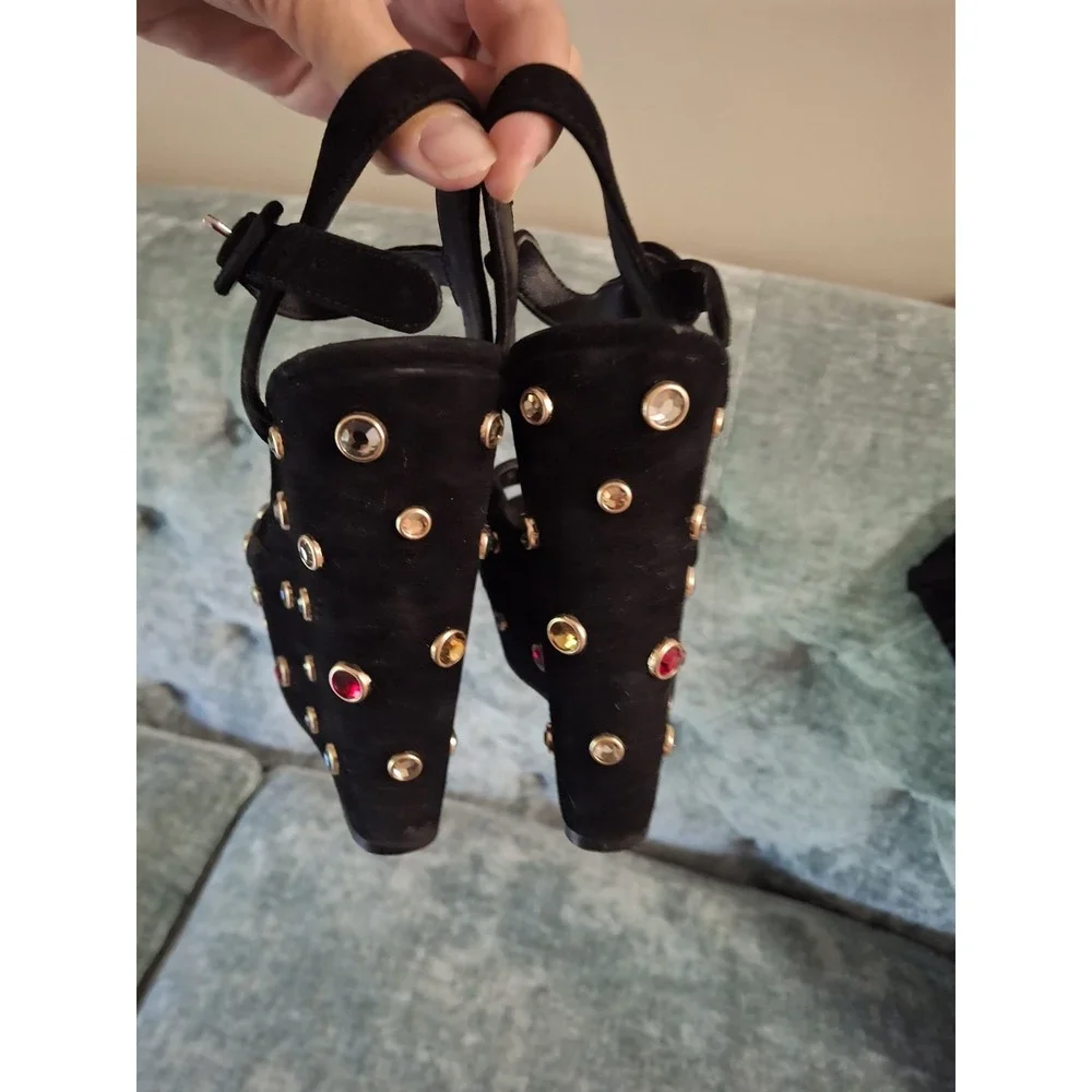 Alice + Olivia Black Suede Leather Platform Wedge Sandals Jewel Embellished 37.5